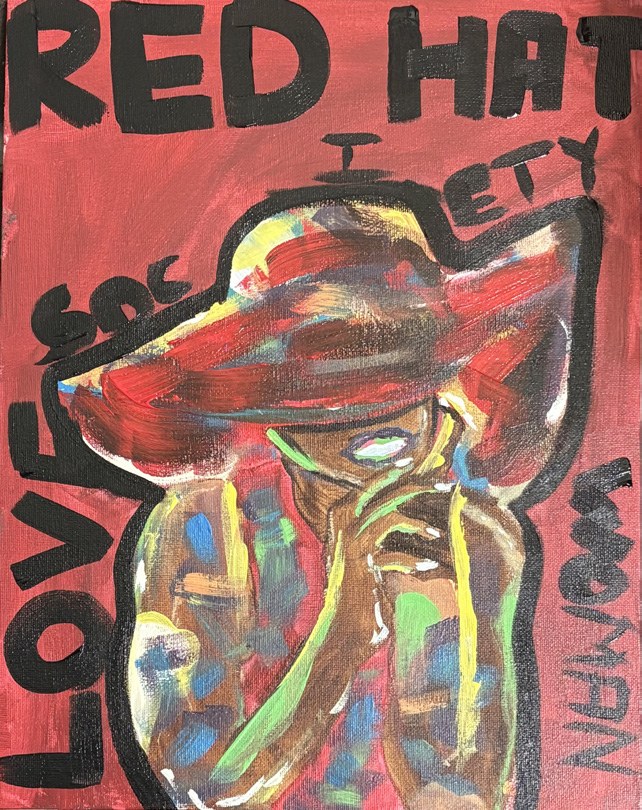 A colorful painting of a woman in a big red hat, with the words Red Hat Society, Love and Woman painted around her.
